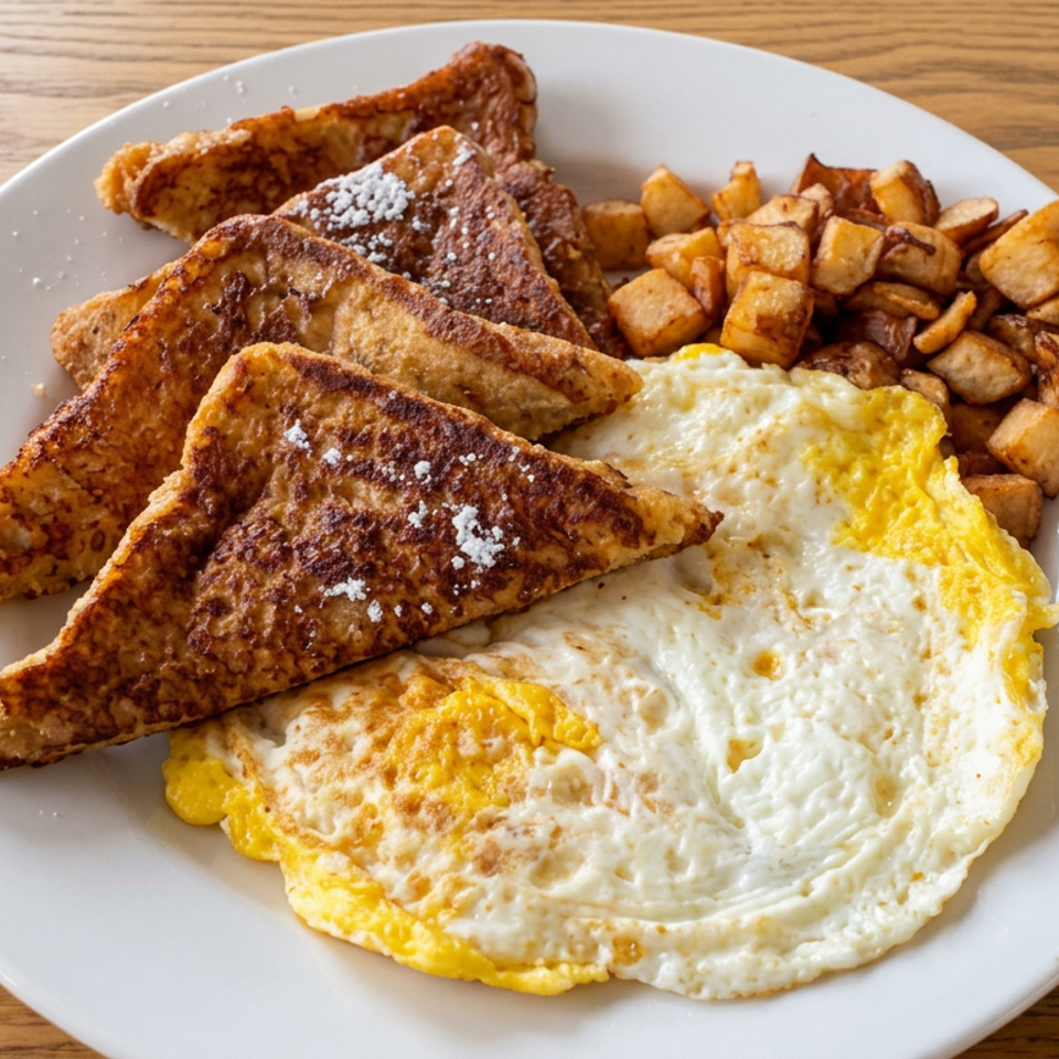 Plate of French toast dusted with powdered sugar, scrambled eggs, and golden breakfast potatoes on a wooden table.