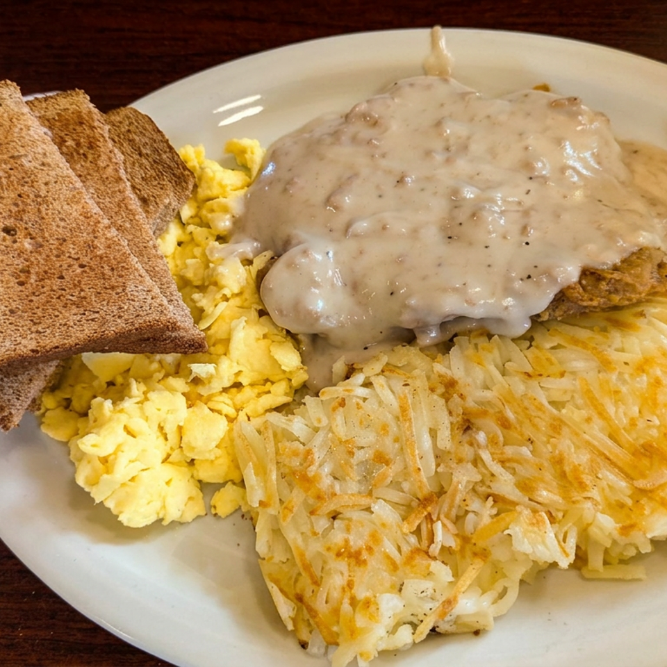 Breakfast plate with scrambled eggs, biscuits and gravy, crispy hash browns, and toast on a wooden table.